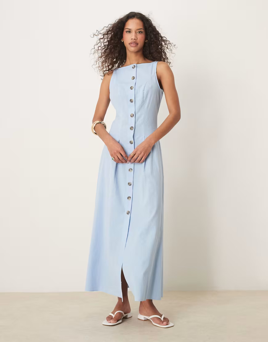 ASOS DESIGN slash neck button down vest maxi dress in blue | ASOS (Global)