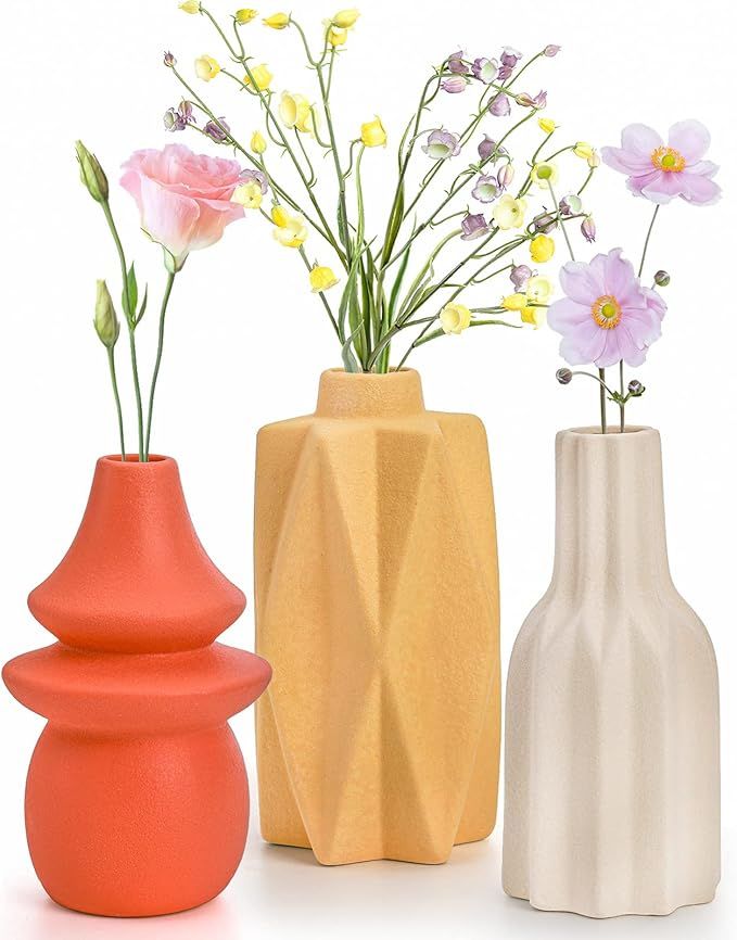 Elsjoy Set of 3 Ceramic Vase, Decorative Stoneware Flower Vase Modern Geometric Vase, Small Terra... | Amazon (US)
