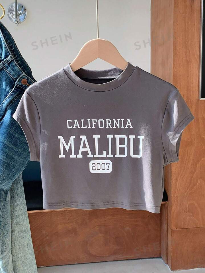 SHEIN EZwear Women's Letter Printed Cropped Short T-Shirt | SHEIN