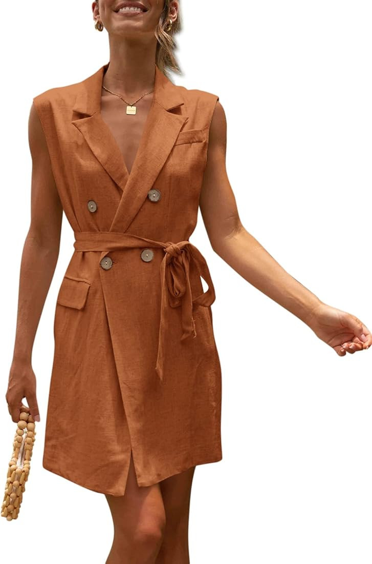 Fessceruna Womens Lapel Wrap Shirt Dress Sleeveless V Neck Button Tie Waist Summer Casual Busines... | Amazon (US)