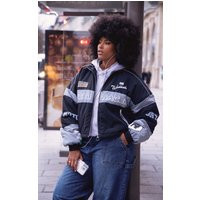 Plus Black Oversized Slogan Zipped Racer Bomber Jacket, Black | PrettyLittleThing UK