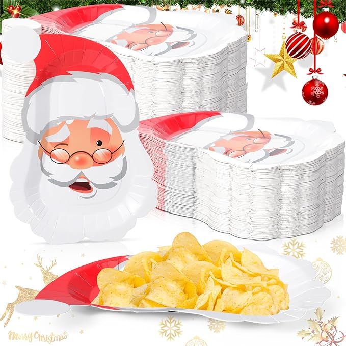 Sunnyray 200 Pcs Christmas Paper Plates 11 x 7 Inch Dessert Dinnerware Santa Shape Plates Disposa... | Amazon (US)
