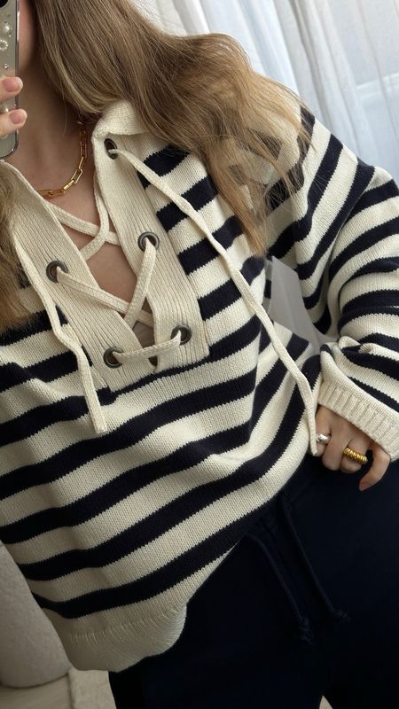 The same Breton jumper that I posted a few days ago… but in the lighter colourway 🤍🖤
H&M Breton lace up jumper | Striped knit | Collar jumper | Blue wide legged jogging bottoms | Rose shoes 

#LTKstyletip #LTKover40 #LTKfindsunder50