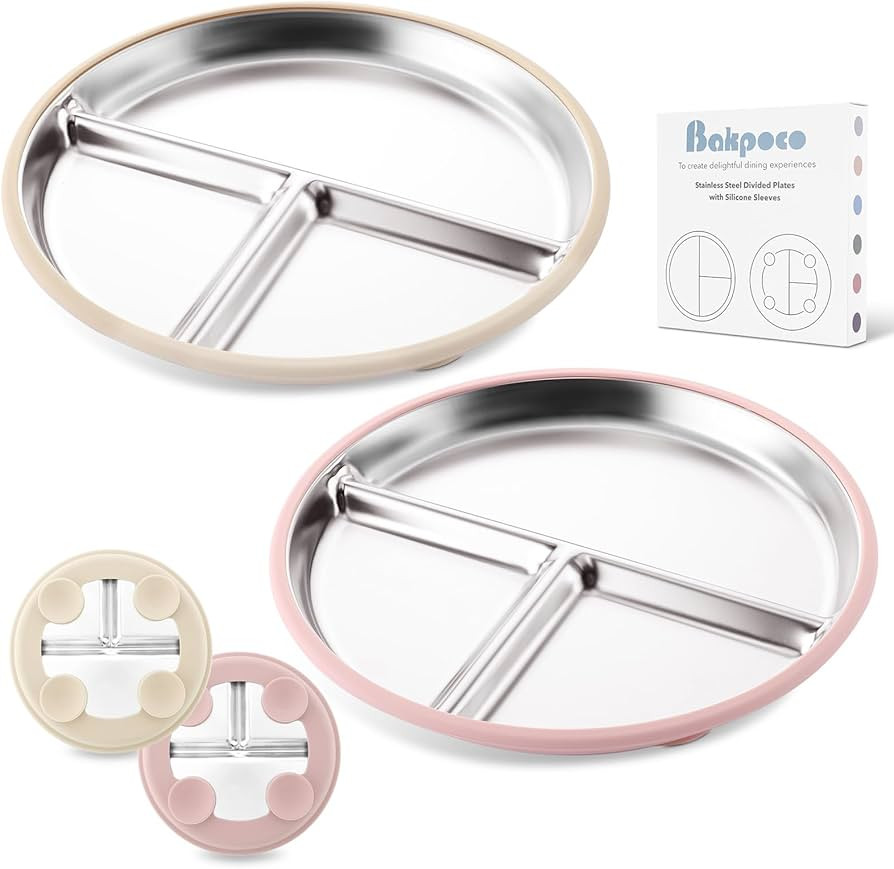 Stainless Steel Baby Plate with Suction, 9” Divided Toddler Plates with Removable Silicone Slee... | Amazon (US)