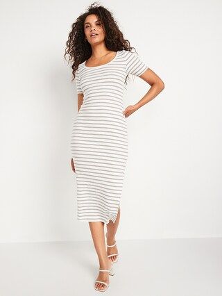 Fitted Short-Sleeve Striped Rib-Knit Midi Dress for Women | Old Navy (US)