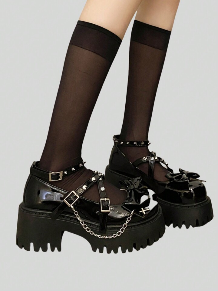 ROMWE Grunge Punk 2024 Spring New Thick-Soled Black Lolita High-Heels With Chunky Heels For Women | SHEIN