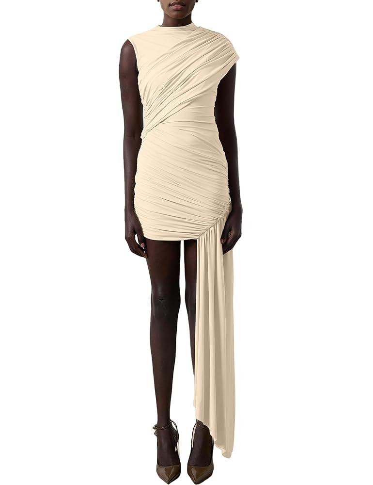 ISZPLUSH Women’s Party Mini Dress Irregular Draped Ruched Turtleneck Elegant Party Club Short D... | Amazon (US)