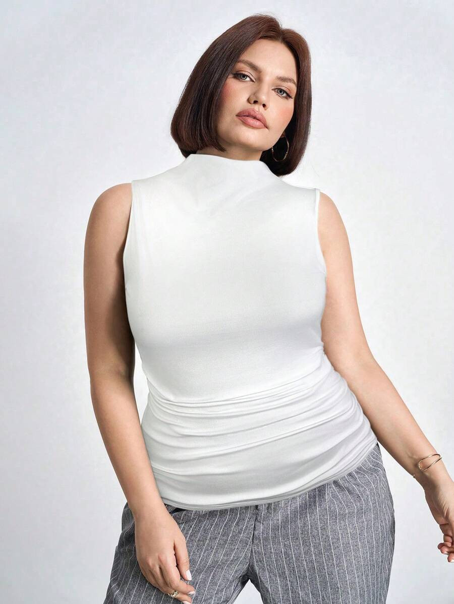 Chikora Plus Size Solid Color Pleated Collar Sleeveless Top, Elegant Summer White | SHEIN