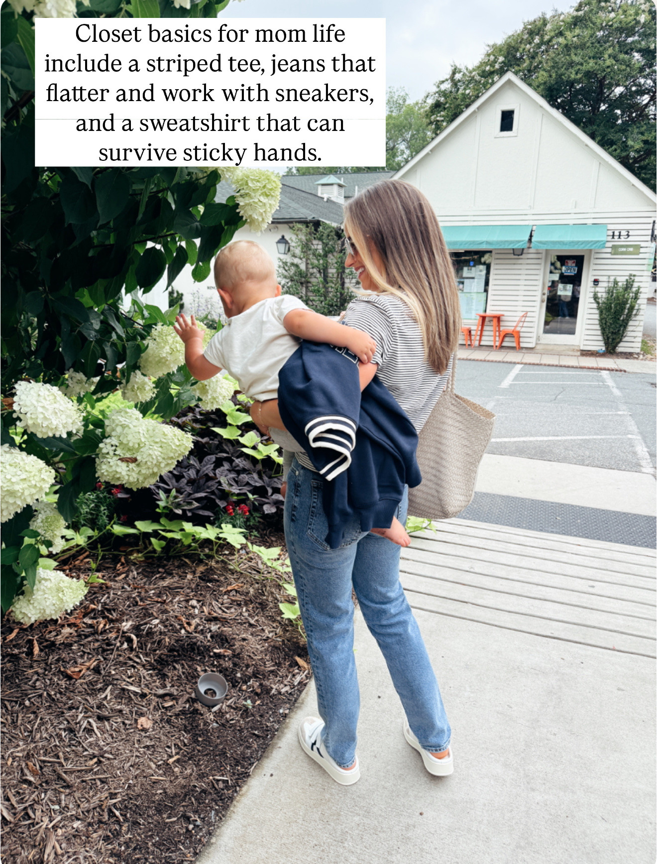 Closet basics for mom life include a striped tee, jeans that flatter and work with sneakers, and a sweatshirt that can survive sticky hands.

#LTKStyleTip #LTKKids #LTKOver40