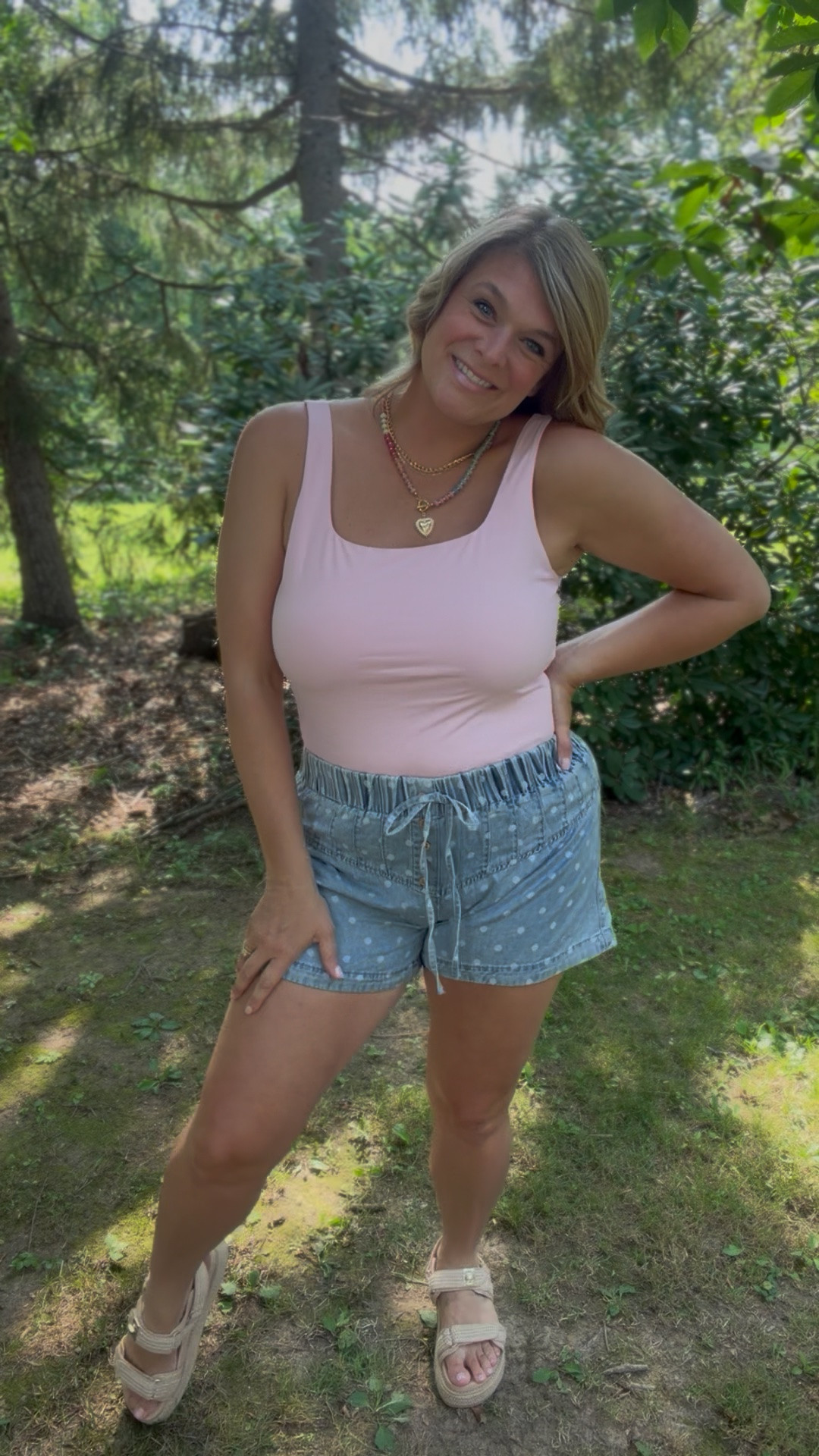 Obsessed is an understatement 🤍 These polka dot chambray shorts are the perfect mix of trendy and timeless! So comfy for busy mom life, easy to throw on with a tank now, and just as cute with a sweater when fall rolls around. A staple you’ll be reaching for year after year! 🖤✨ 
* #ChambrayShorts
* #PolkaDotStyle
* #MomStyle
* #CasualSummerOutfit
* #AffordableFashion

#LTKTall #LTKMidsize #LTKOver40