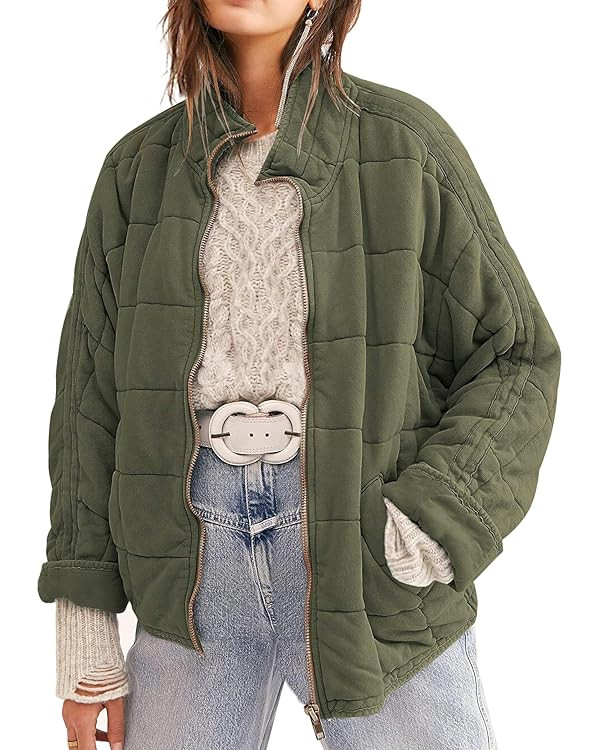 Womens Dolman Quilted Lightweight Jackets Full-zip Stand Collar Loose Warm Winter Outwears with P... | Amazon (US)
