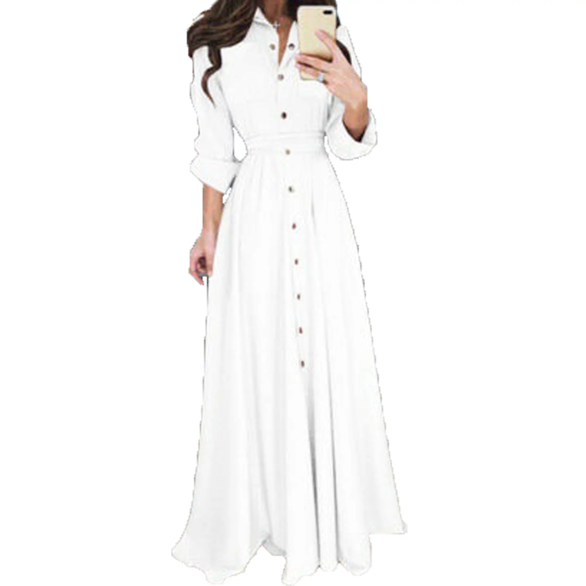 Pudcoco Women Long Sleeve Button Dowm Maxi Dress Evening Party Shirt Dress | Walmart (US)