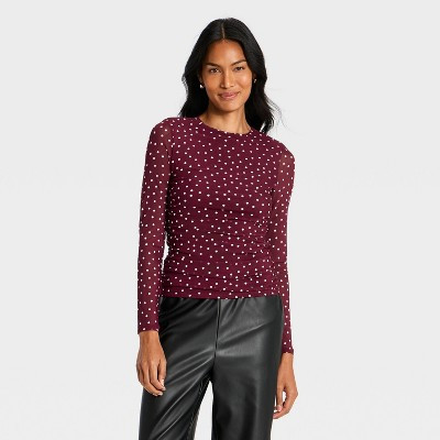 Women's Long Sleeve Mesh Ruched T-Shirt - A New Day™ Dark Brown Plaid XL | Target
