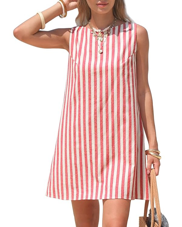 EXLURA Women Summer 100% Cotton Faux Linen Dresses Sleeveless Striped A-Line Mini Sundress Beach ... | Amazon (US)