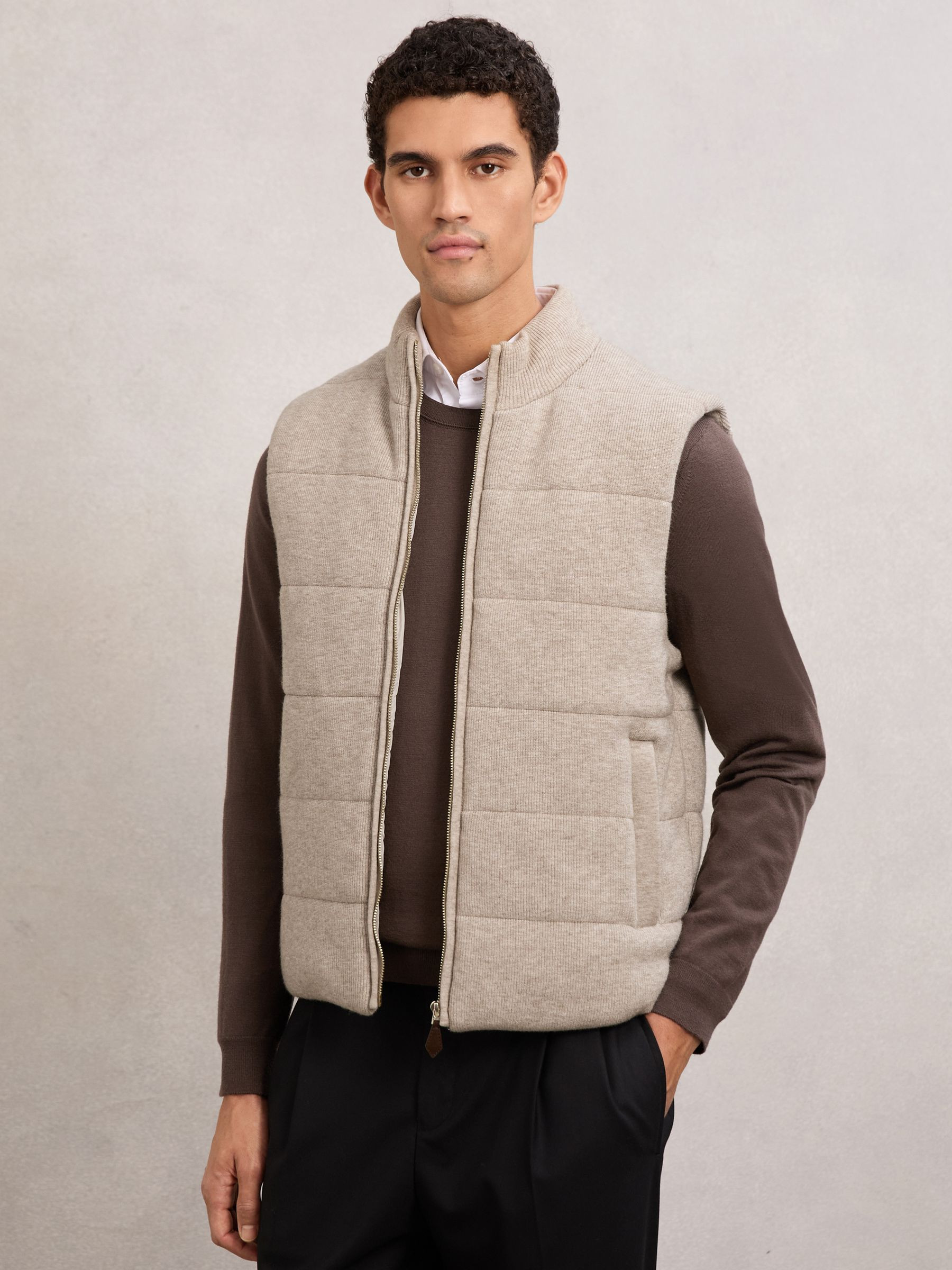Rib-Knit Zip-Through Gilet in Oatmeal | Reiss UK