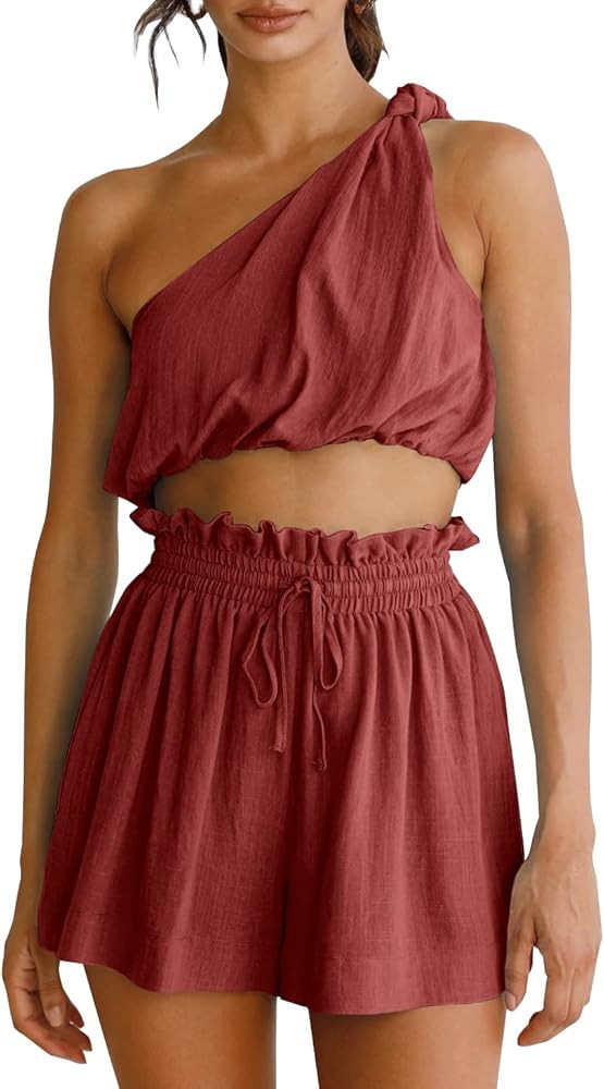 Imily Bela Womens 2 Piece Outfits Linen Matching Sets Two Piece Crop Tops and Paper Bag Waist Sho... | Amazon (US)