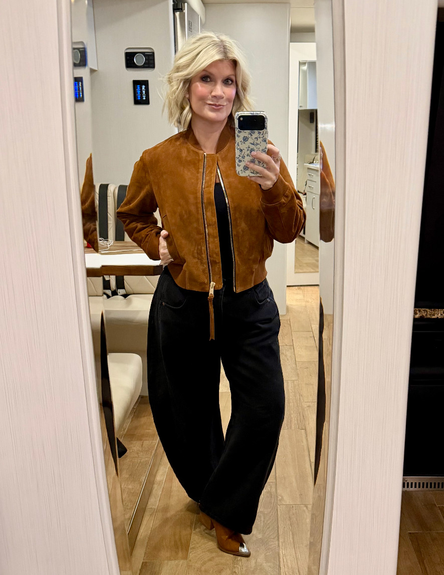 A few decades in Nashville and I finally wore a pair of cowboy boots on stage for the first time in my life! 😊🤠  Loving this look and it's PERFECT for fall...  

The bomber jacket is pricy, so I've also included some more affordable options for similar looks too.  

 #LTKSeasonal #LTKOver40 #LTKWorkwear