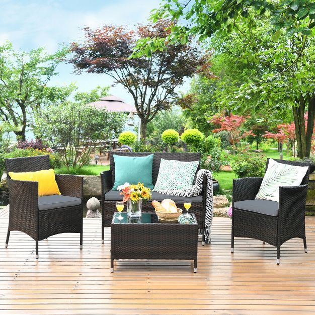 Costway 4 PCS Outdoor Patio Rattan Furniture Set Table Shelf Sofa W/ Gray Cushions | Target
