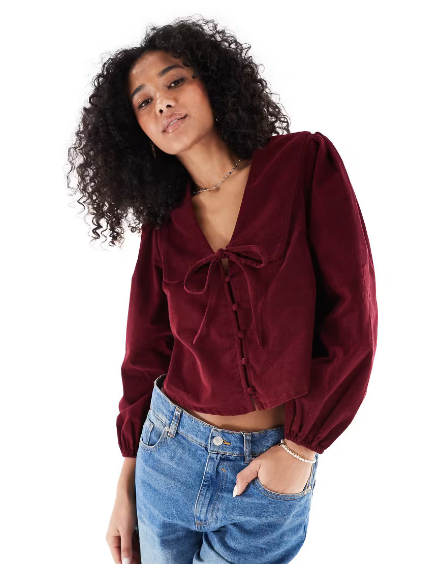 Wednesday's Girl collar detail puff sleeve cord blouse in burgundy-Red | ASOS (Global)