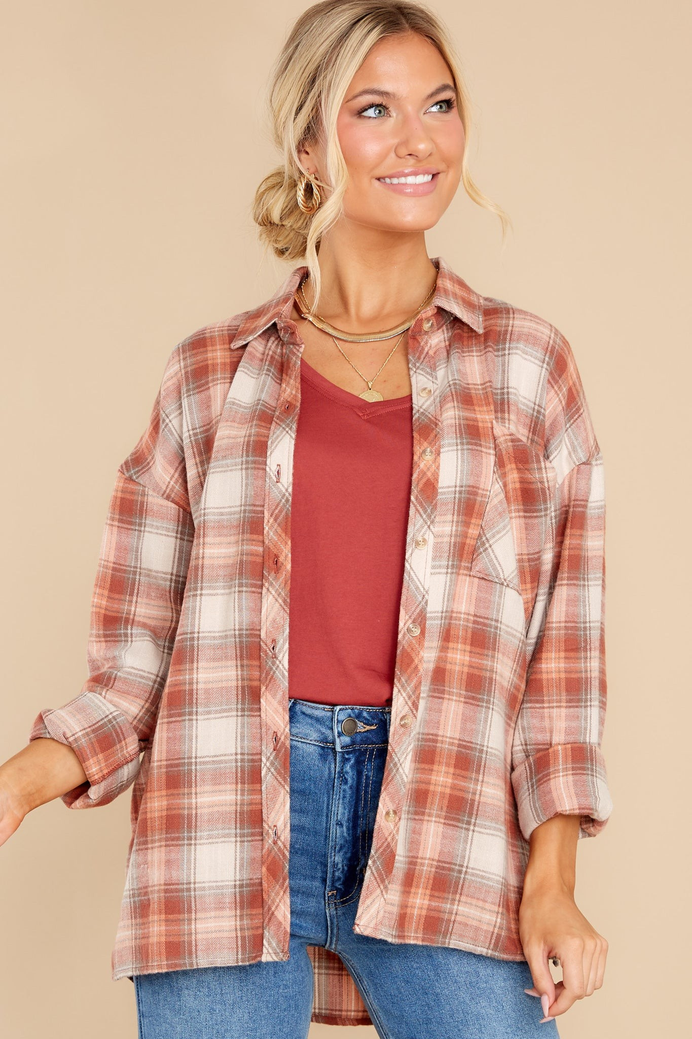 Take The Trails Light Rust Multi Plaid Top | Red Dress 