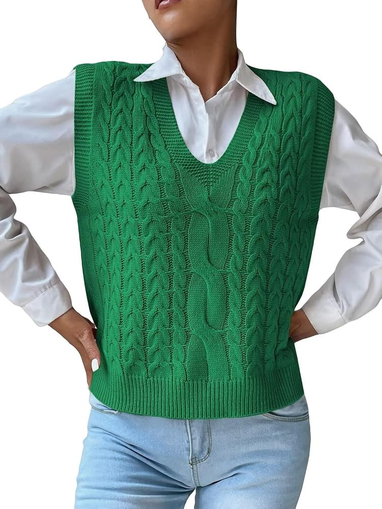 Womens Sweater Vest Cable Knit Casual V Neck Ribbed Preppy Pullover Tops Sleeveless | Amazon (US)