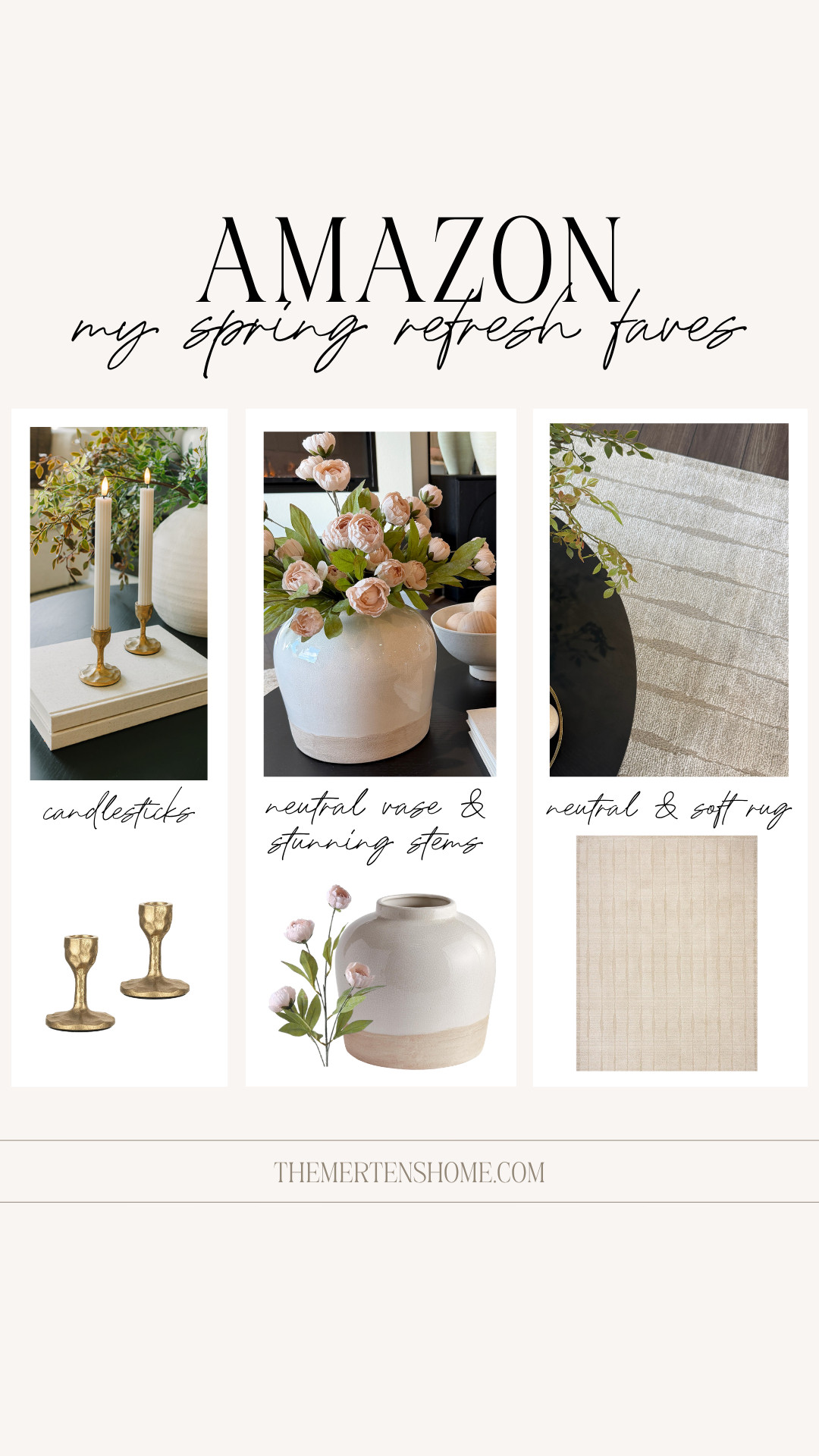 My spring refresh faves 🤍 Gold candlesticks, peonies, a neutral vase, and a beautiful soft rug that instantly make a space feel lighter, brighter, and ready for the season. 

 #LTKSeasonal #LTKHome