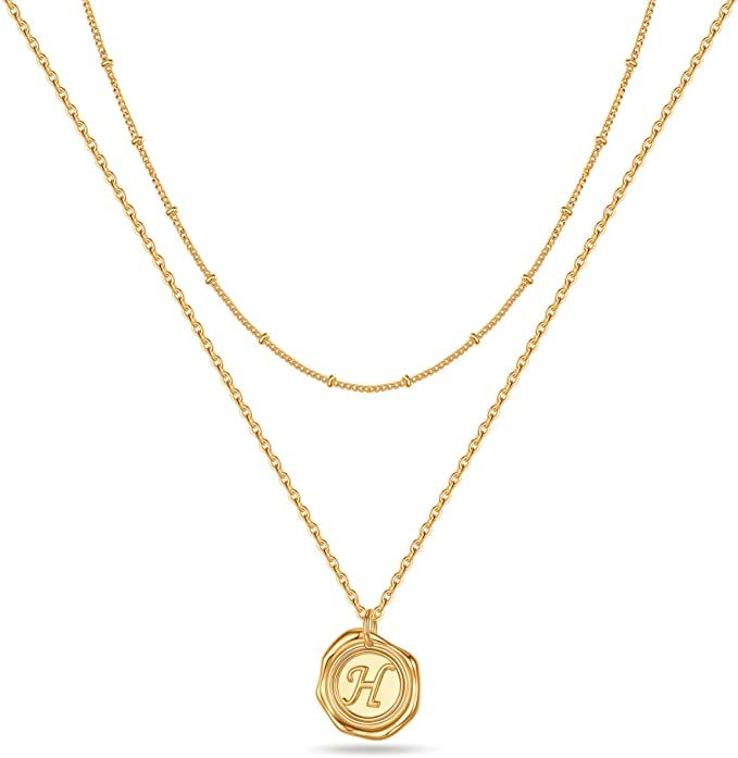 Gold Layered Initial Necklaces for Women, 14K Gold Plated Initial Necklaces Letter Disc Pendant C... | Amazon (US)