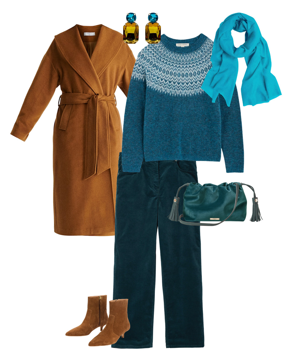 What to wear for Boxing Day - velvet jeans in teal, fairisle knit, teal bag and cashmere scarf, tan suede boots, tan coat and festive statement earrings 

 #LTKfestive #LTKover50style #LTKstyletip