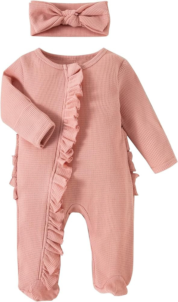 Newborn Infant Girl Footies Romper Solid Color Frills Baby Jumpsuit Zip Up Onesie Clothes Headban... | Amazon (US)