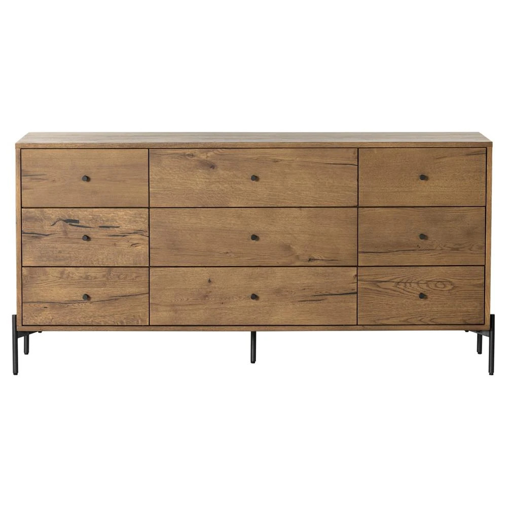 Alina Rustic Lodge Brown Wood Dark Grey Iron 9 Drawer Dresser | Kathy Kuo Home