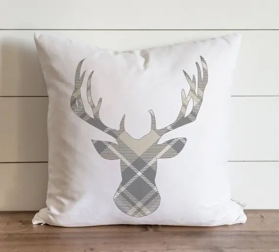 Gray & Cream Plaid Deer 20 x 20 Pillow Cover // Christmas // Holiday // Winter // Throw Pillow // Gi | Etsy (US)