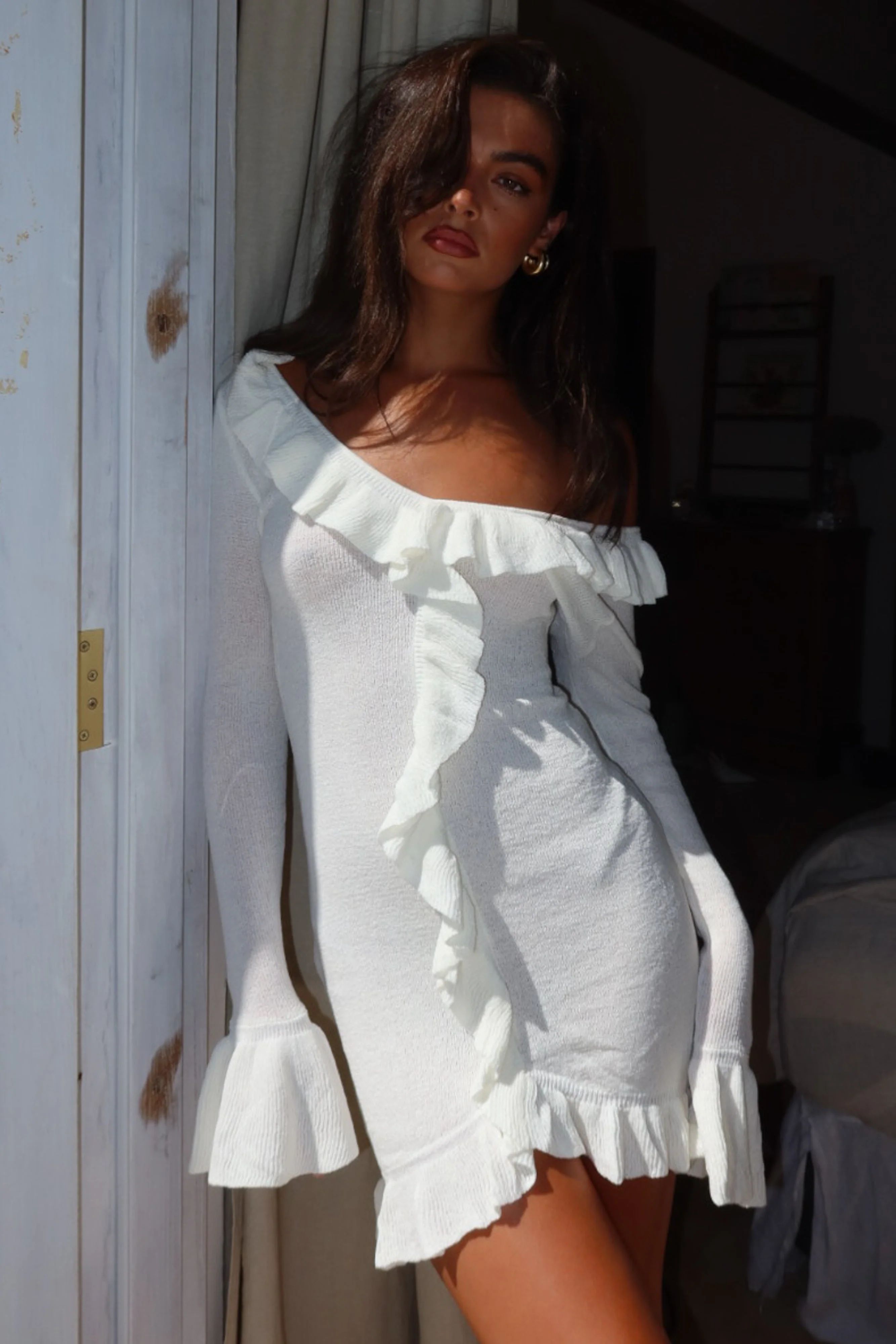 Karolina Knit Mini Dress With Frill - White | MESHKI US