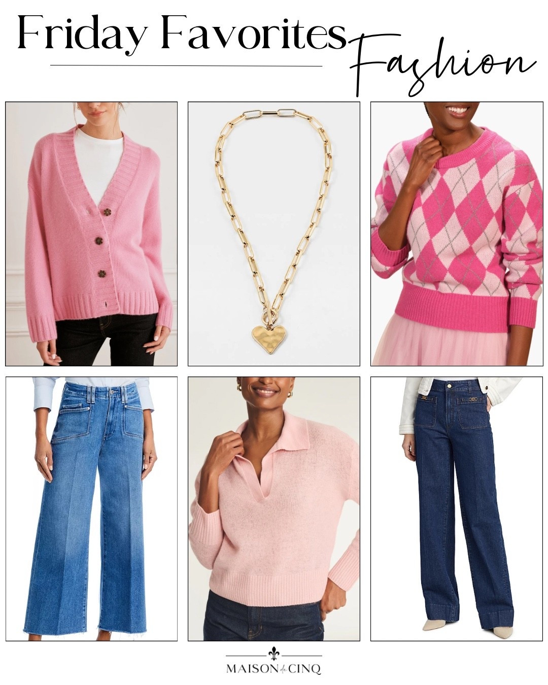 On Friday Favorites this week we’re sharing pretty pink sweaters, Paige jeans 30% off, plus cute Valentine’s Day jewelry and tops!

Valentine’s Day outfit, necklace, wide-leg jeans 

#LTKSaleAlert #LTKValentine