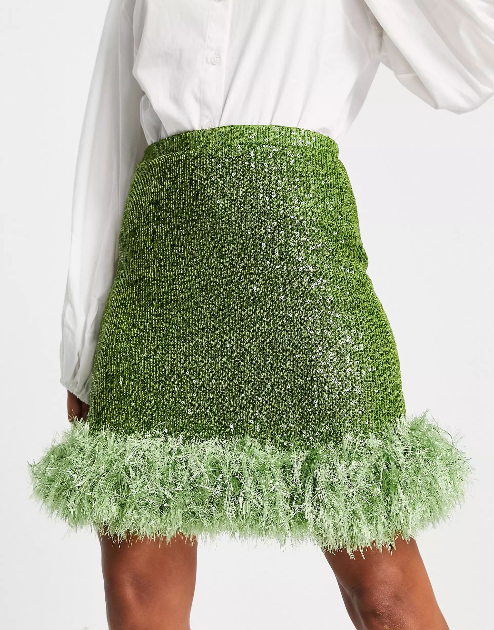 Jaded Rose short sleeve crop top and mini skirt with faux feather trim in lime green | ASOS (Global)
