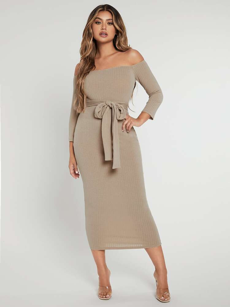 SHEIN SXY Ribbed Knit Off Shoulder Belted Bodycon Dress | SHEIN