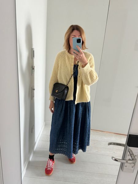Yellow Sezane cardigan, knitwear, broderie anglaise dress, adidas trainers, colourful outfit, summer style, layering 

#LTKstyletip #LTKuk #LTKsummer