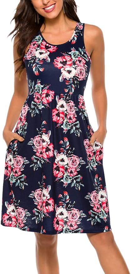 OURS Women Summer Sleeveless Floral Print Racerback Midi Sun Dresses with Pocket | Amazon (US)