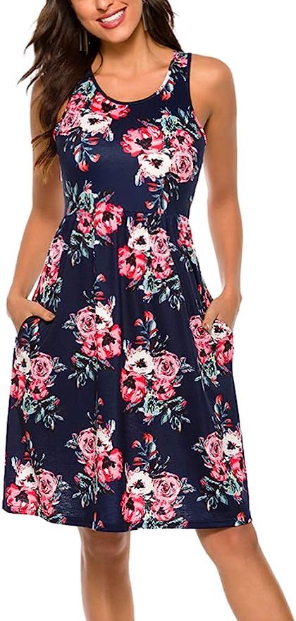 OURS Women Summer Sleeveless Floral Print Racerback Midi Sun Dresses with Pocket | Amazon (US)