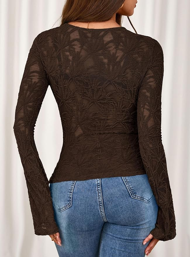 PRETTYGARDEN Womens Lace Long Bell Sleeve Tops 2025 Fall Sexy See Through Sheer Floral Blouse Shi... | Amazon (US)