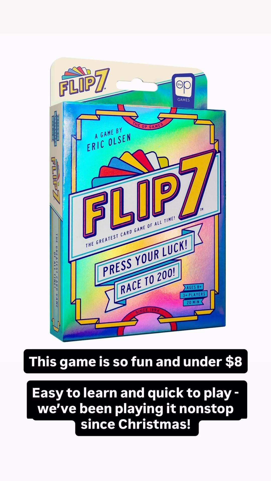 I gave this game to my kids for Christmas and we have played at hundreds of times since! 

Under $8 and so quick and easy to learn 