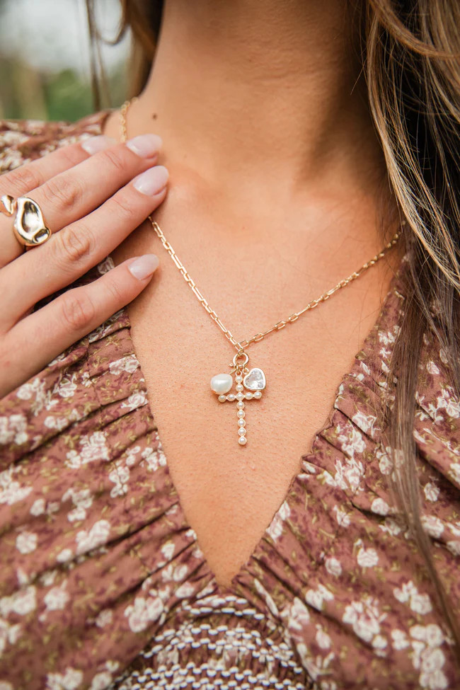 Pearl Studded Cross Charm Necklace | Pink Lily
