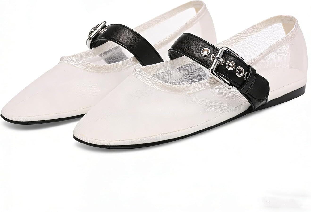 Mesh Ballet Flats for Women Buckle Strap Round Toe Mary Jane Flats Slip On Comfortable Casual Dre... | Amazon (US)