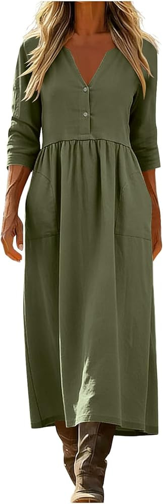 HGps8w 3/4 Sleeve Linen Dresses for Women Summer Loose Button Up V Neck A-Line Casual Swing Beach... | Amazon (US)