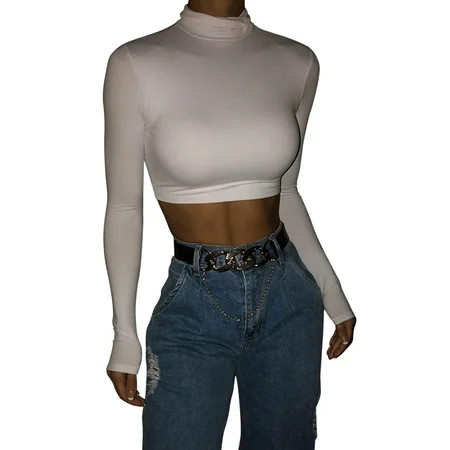 FOCUSNORM Women's Long Sleeve Turtleneck Crop Top Slim Fit T-Shirt | Walmart (US)