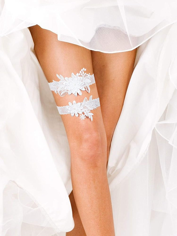 2 Pieces Wedding Garters Daisy Lace Bridal Garter Hand Sewn Faux Pearls Garter for Bride | Amazon (US)
