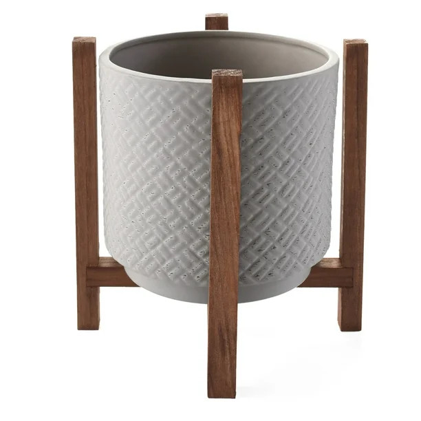 Ceramic Planter on Wood Stand - Indoor/Outdoor Decorative Pot - Walmart.com | Walmart (US)