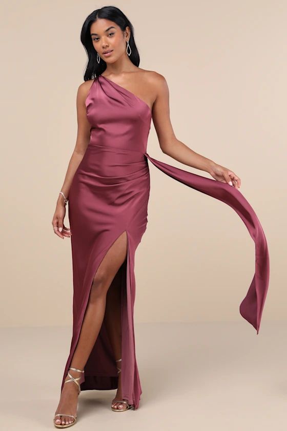 Signature Elegance Mauve Purple Satin One-Shoulder Maxi Dress | Lulus