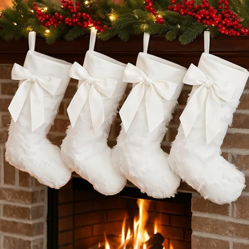 Kinlop 4 Pack 18 Inch White Bow Christmas Stockings Large Hanging Fuzzy Christmas Stocking Ornaments Sweet Coquette Aesthetic Luxury Xmas Decorations for Xmas Tree Fireplace Holiday Party | Amazon (US)