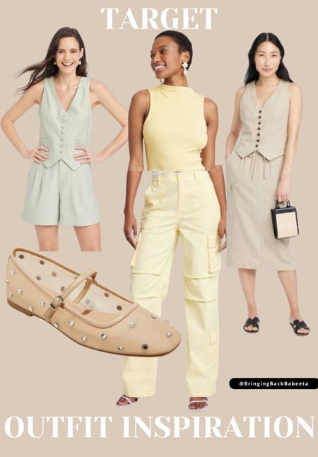 Target Spring outfits include vest and shorts set, buttery yellow cargo pants and a neutral vest and skirt. These rhinestone mesh ballet flats are so gorgeous and so affordable!

Spring workwear/ target workwear / summer workwear / affordable workwear / size 10 spring outfits / size 12 spring outfits / pastel outfits 

#LTKmidsize #LTKshoecrush #LTKworkwear