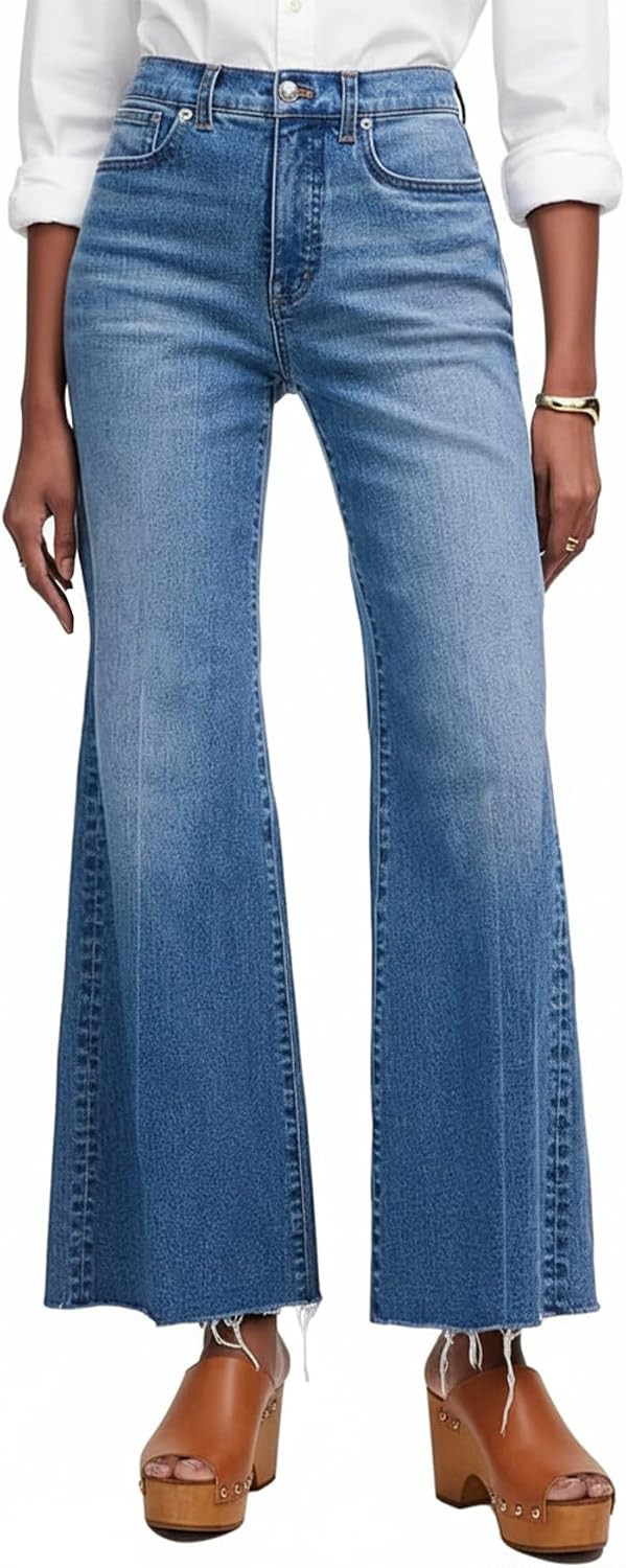 YEXPINE Women's High Waisted Flare Jeans Stretchy Raw Hem Bootcut Denim Pants Bell Bottoms | Amazon (US)